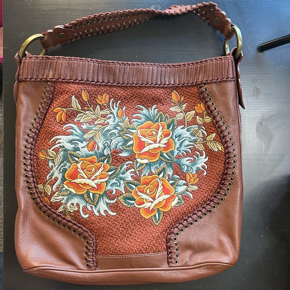Isabella Fiore Vintage Floral Tapestry Embroidered Brown Leather Hobo Bag.